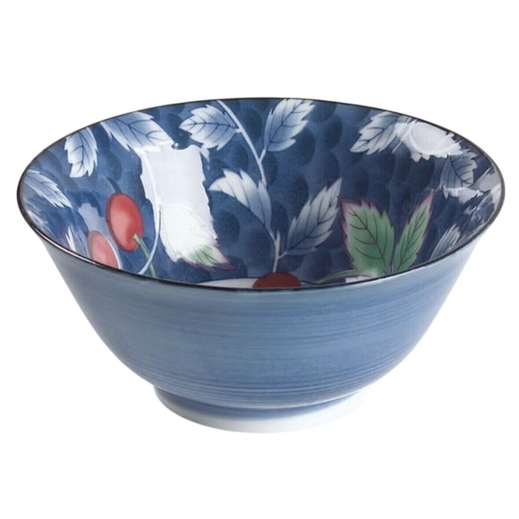 William Sonoma Blue Floral Rice Bowl Cherry Motif Decorative Serving Bowl - Picture 1 of 1